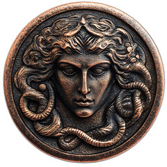 A copper metallic medusa head engraved medallion on an isolated background