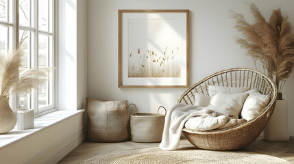 Cozy minimalist living space with natural decor and soft textiles.