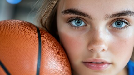 A focused girl with striking blue eyes holds a basketball closely, highlighting her intense gaze and determination in a sports context, emphasizing youth and ambition.
