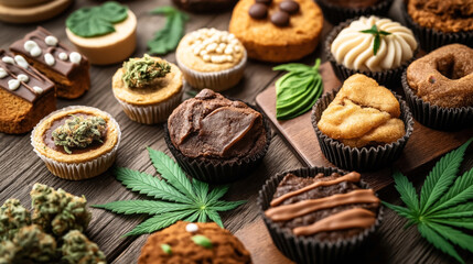 Assorted cannabis-infused baked goods displayed on a wooden surface with cannabis leaves, including cupcakes, brownies, and cookies with decorative toppings.