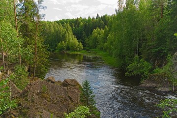 Karelia, Russia, July 10, 2024. Rock on the river bank.                               
