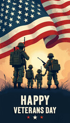 A visual representation of Veterans Day, featuring three soldiers standing in silhouette against a backdrop of a waving American flag and a sunset. The text "Happy Veterans Day" is displayed