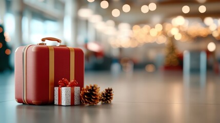 A suitcase wrapped like a gift is set in a festive airport scene, surrounded by decorations, highlighting the joyous mood associated with travel and celebrations.