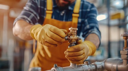 A skilled worker repairs a valve in a factory with safety gloves, demonstrating expertise in plumbing and mechanical maintenance.