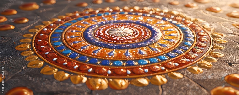 Poster intricate mandala design featuring vibrant colors and detailed patterns on a textured surface, perfe