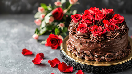  a birthday celebration featuring a chocolate cake and a bouquet of roses, with a simple background 