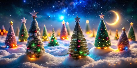 Naklejka premium A Winter Wonderland of Miniature Christmas Trees Glowing Under a Crescent Moon, Covered in Freshly Fallen Snow