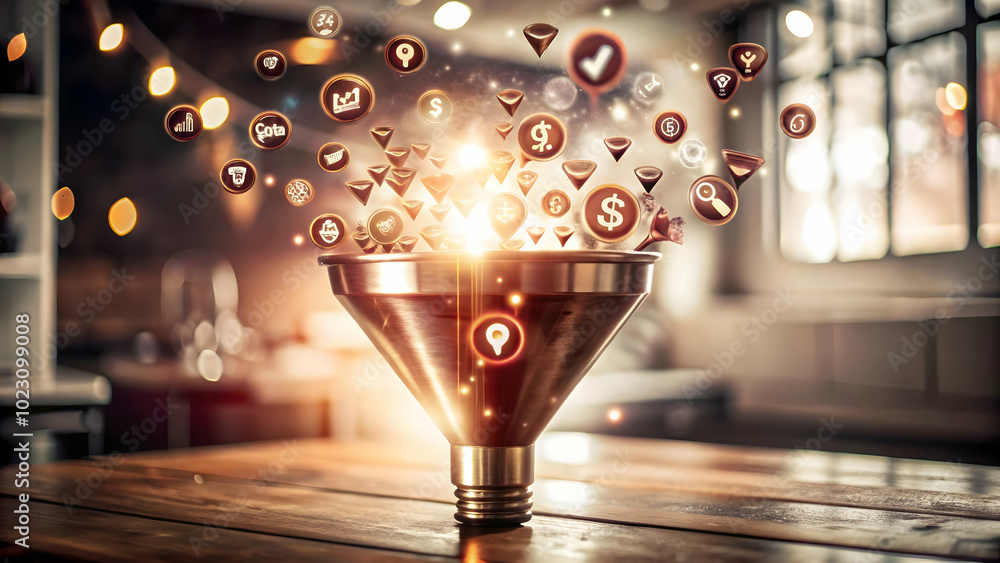 Poster glowing abstract marketing funnel with floating conversion symbols: a captivating visual journey hig