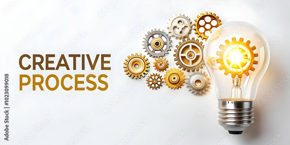 Poster floating light bulb and gears isolated on white background - creative process concept in vector desi