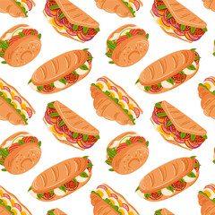 Various sandwiches seamless pattern, croissant, bagel and sub in flat style. Perfect for food related design, menu, restaurant decor and food packaging. White background.