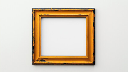 Empty vintage wooden frame with distressed yellow paint on neutral wall background.