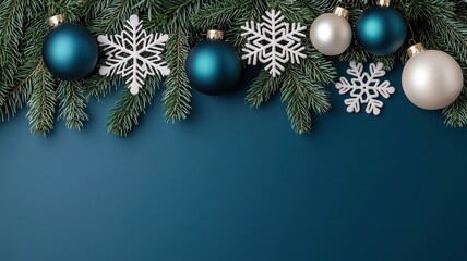 A festive arrangement of green pine branches adorned with blue and silver ornaments, along with snowflake decorations against a blue backdrop.