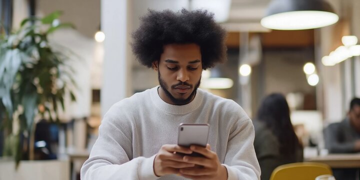 A man with a beard and dreadlocks is sitting at a table with a cell phone in his hand
