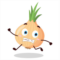 cute terrified running expression of onion cartoon character