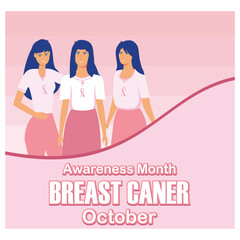Breast Cancer awareness. Three Women with pink ribbon.  Flat vector modern illustration