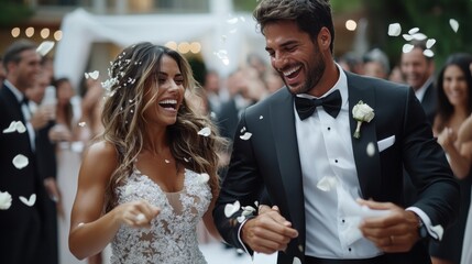 Obraz premium A joyful bride and groom laugh as they are showered with flower petals at their wedding, enjoying their special day among friends and family in an outdoor setting.