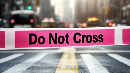 Urban street with "Do Not Cross" tape, blurred background, warning sign
