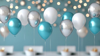 A festive arrangement of white, teal, and silver balloons against a soft blue background, adorned with sparkling bokeh lights.