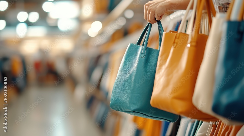 Poster an array of colorful handbags is neatly arranged on a store display shelf, showcasing the diversity 