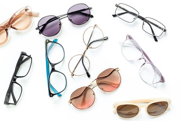 Eye care concept. Set of eyeglasses with different lenses, top view