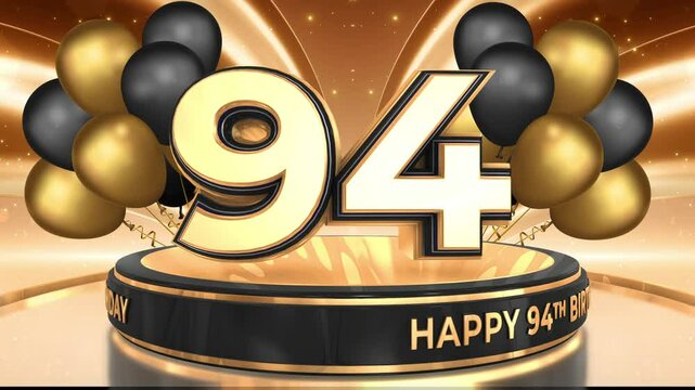94 years, 94th birthday loop, looped video background, backdrop in 3D Gold with balloons
