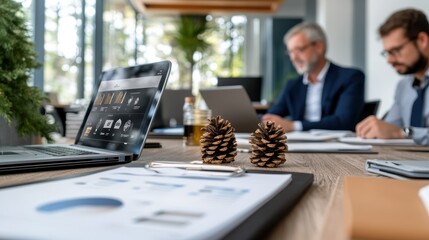 A professional office setting features a meeting in progress, with laptops open for data analysis, and pine cones providing a unique office decor element.