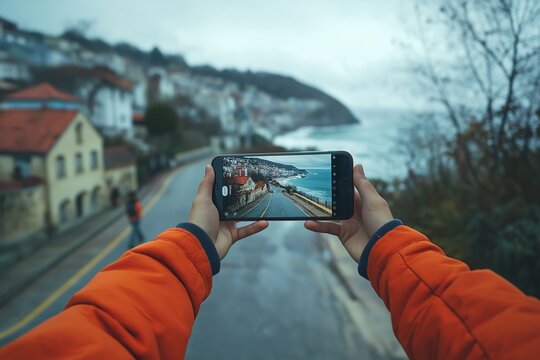 Person is holding a cell phone up to take a picture of a city street. The phone is in the person's hand and the street is wet. playing skateboard wtih style holding a phone selfie