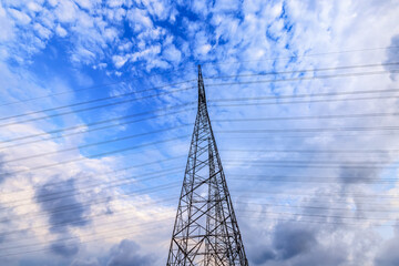 High voltage electricity towers at dusk