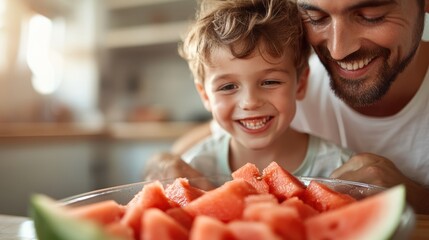 A cheerful father shares a delightful moment over fresh watermelon slices with his young son, both beaming with smiles in a home setting, embracing summer vibes.