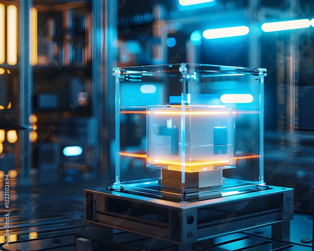 Poster transparent futuristic parcel box with glowing item in high tech lab setting showcasing innovation a