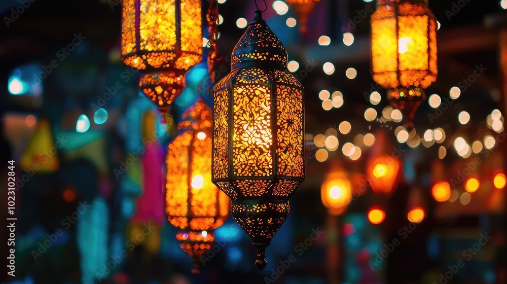 Aufkleber illuminated lanterns create a warm ambiance, showcasing intricate designs and glowing light in a fes