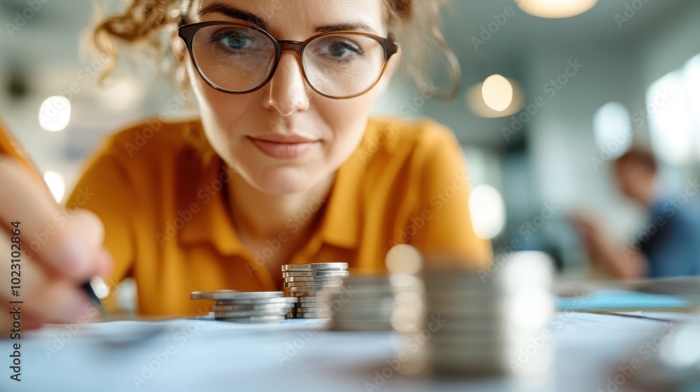 Poster a woman intensely focuses on counting coins beside papers and charts, showcasing precision in managi