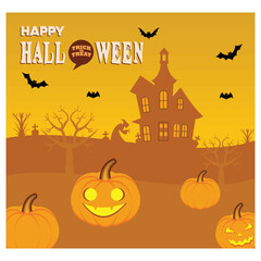 Happy Halloween podium, pumpkin candle, and bat on yellow banner design background. flat vector modern illustration