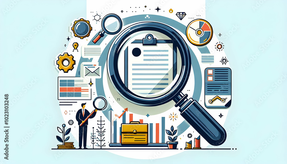 Aufkleber flat border frame with magnifying glass and document for review � simple vector illustration highlig