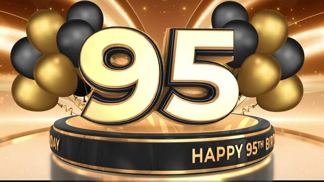 95 years, 95th birthday loop, looped video background, backdrop in 3D Gold with balloons
