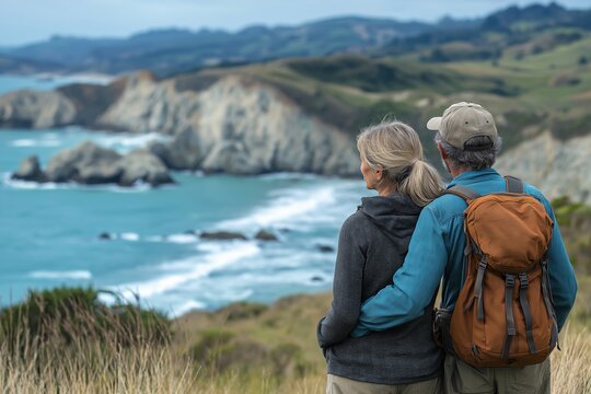 Couple is standing on a hill overlooking the ocean. They are wearing backpacks. Senior couple. Pacific coast while hiking, filled with wonder at the beauty of nature during their active retirement,