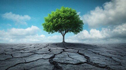 Lonely tree in the middle of a dry arid field, global warming concept.