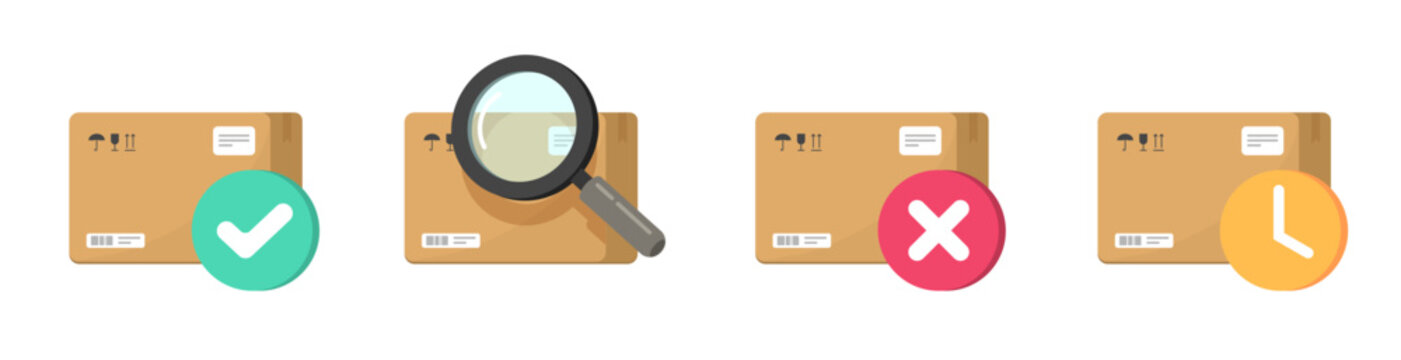 Cargo order status process icon 3d flat cartoon vector graphic illustration set, parcel postal box freight delivery info sign symbol, shipping find, cancel, check mark, search, approve isolated image

