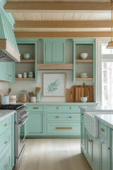 Modern Coastal Kitchen with Light Wood and Seafoam Green Color Scheme
