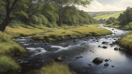 Illustration beautiful a river in dartmoor, devon leading to bantham high quality background.