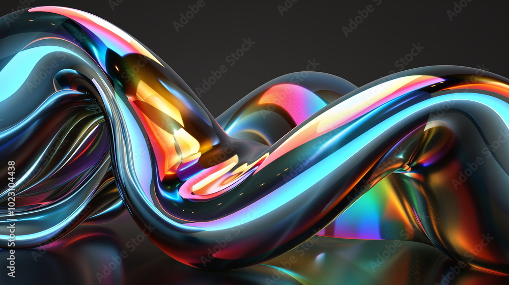 Aufkleber 3d render of abstract futuristic glossy chrome curved shape with colorful reflections on black backg