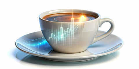 3D Glossy Coffee Cup with Holographic Marketing Plans and Graphs Floating Above - High Angle Shot on Desk for Creative Business Planning Themes