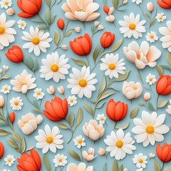 Obraz premium A vibrant floral pattern featuring daisies, tulips, and other blossoms against a soft blue background.