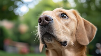 A sweet brown dog with an expressive face looks up eagerly in a lush green outdoor setting, capturing a moment of curiosity and playful anticipation in nature.