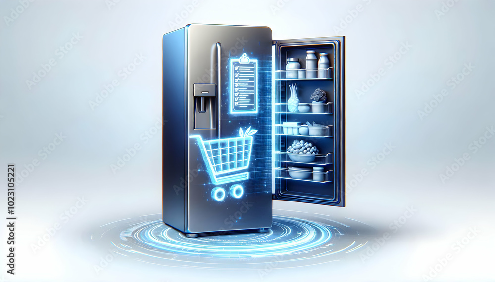 Poster 3d holographic smart fridge design with floating grocery list and copy space for text and logos - fu