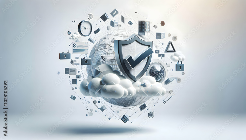 Aufkleber floating shield and check mark with security concept - a vector design illustrating a shield and che