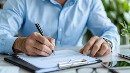 Fototapeta premium A businessman in a blue shirt writes a signature on an important document in an office setting, highlighting themes of professionalism and dedication in business life.