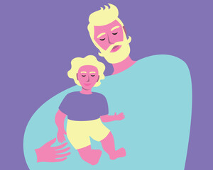 Afro dad or adoptive father with adopted toddlers as family leisure concept, flat vector stock illustration with fatherly care