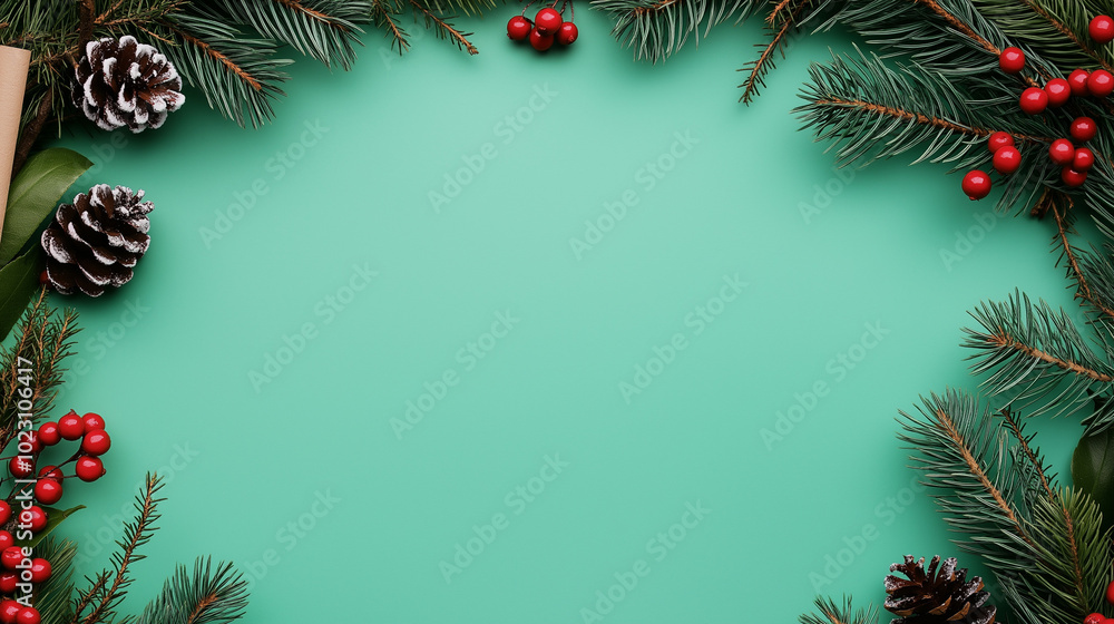 Wall mural Christmas pine and berry frame on green background for holiday design
