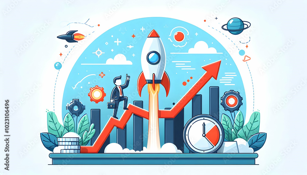 Poster flat border frame with rocket and rising graph for business growth concept - simple vector illustrat